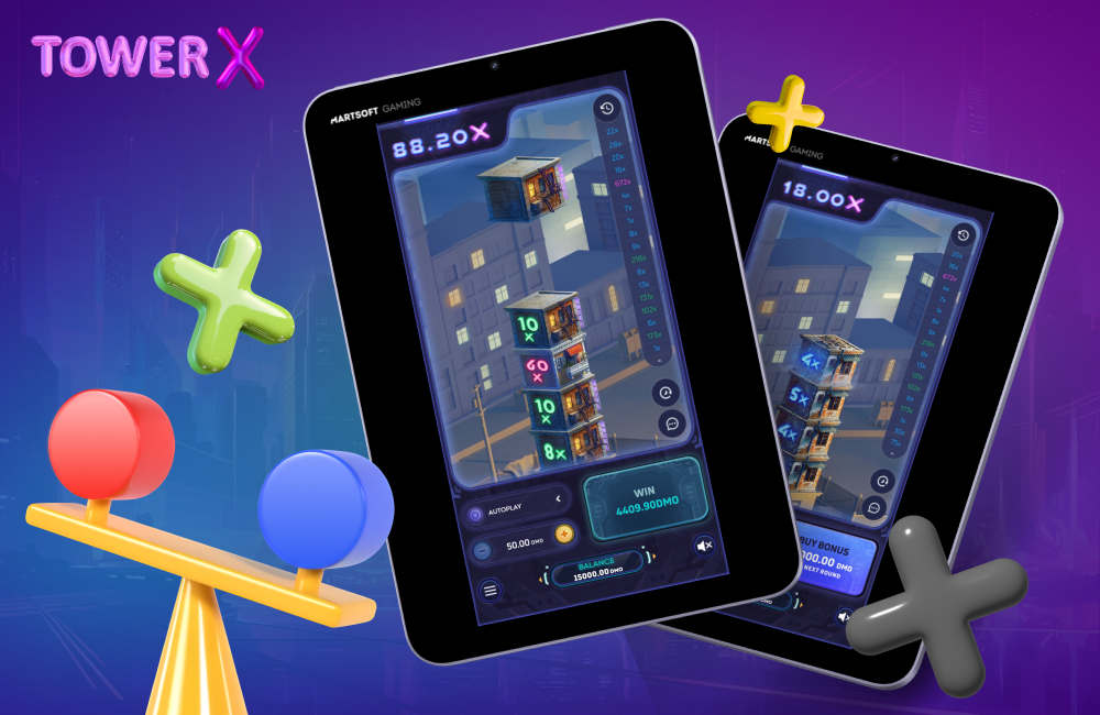 The Tower X demo version uses virtual credits with no financial risk and no registration, whereas the standard mode requires a cash deposit