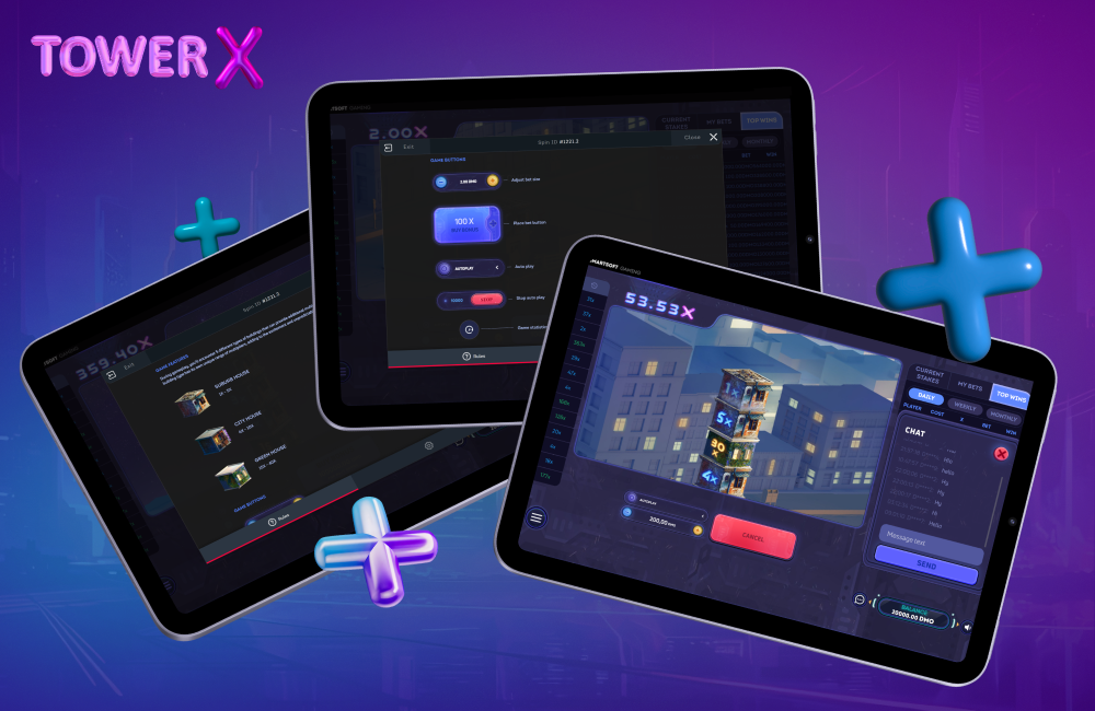 The Tower X game features an intuitive interface with a growing tower, multiplier display and adaptive design